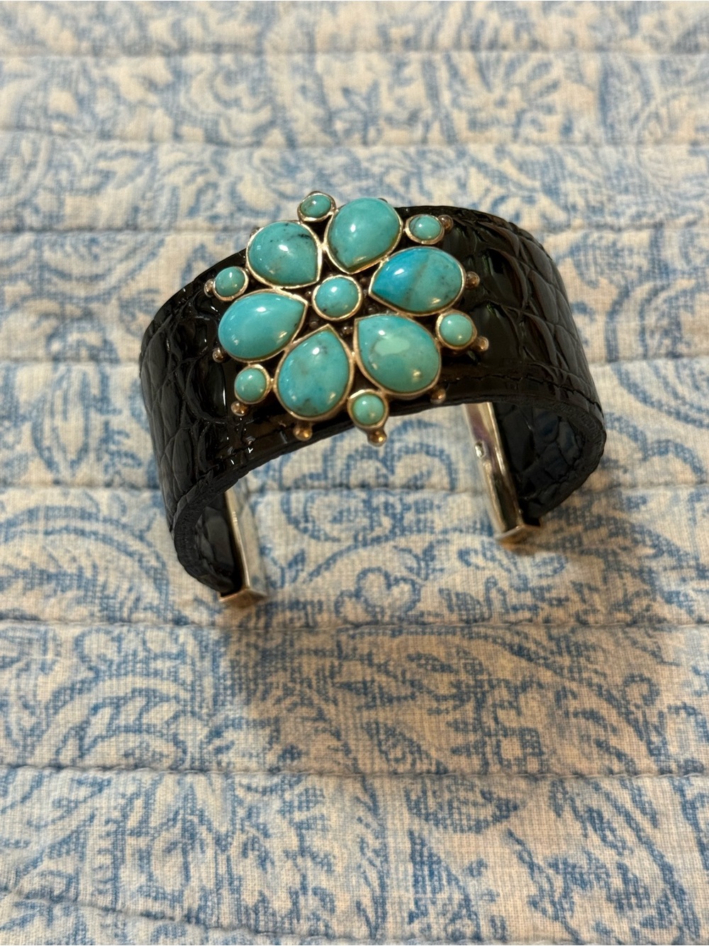 Barse Black Leather Sterling Silver Cuff Bracelet with Turquoise